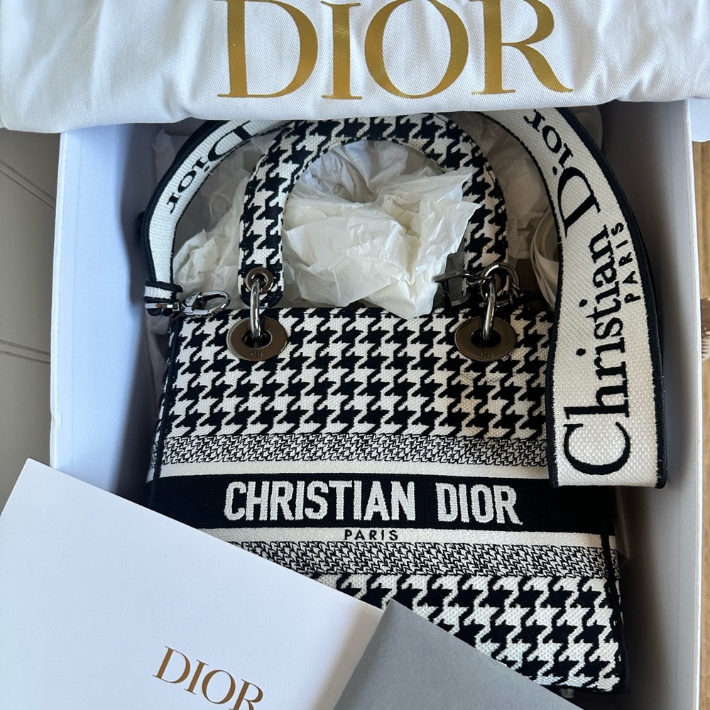 Christian Dior Lady D-Lite Bag Houndstooth Black White Medium Handbag Purse